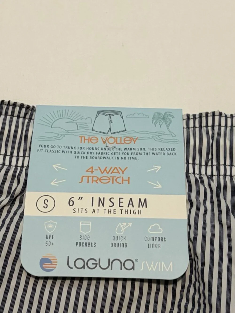 Laguna Swim The Volley Swim Trunks Mens S Blue White Striped Drawstring Pockets